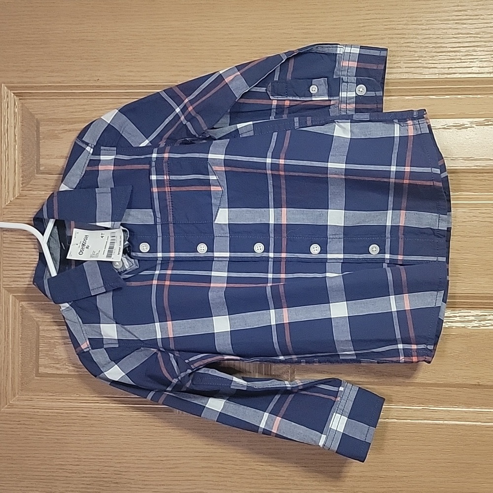 Boys 4T Button Up Plaid Collared Shirt in blue with white and orange stripes